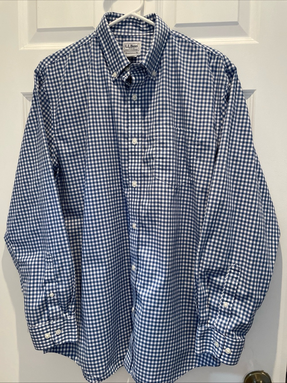 LL Bean Medium Blue White Gingham Traditional Fit Cotton Button Down Shirt